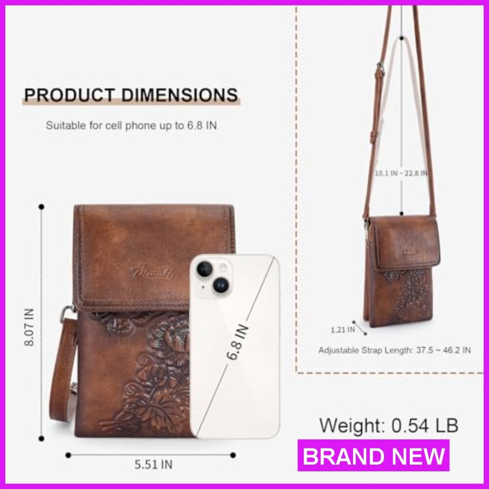 Trendy Vegan Leather Crossbody Bag Embossed Floral Design Phone Purse - Picture 5 of 7